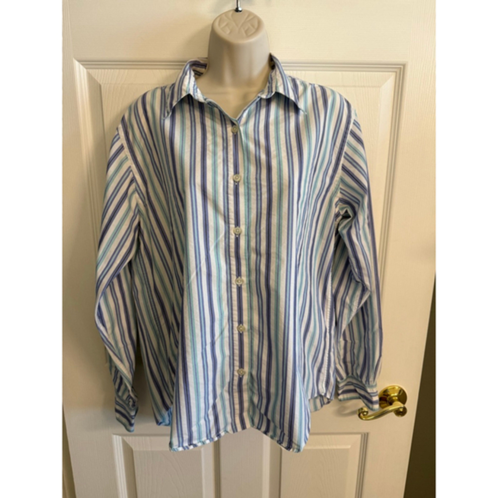 Tall 12 Land's End Women's Button Up Shirt White w/Purple/Light Green Stripes